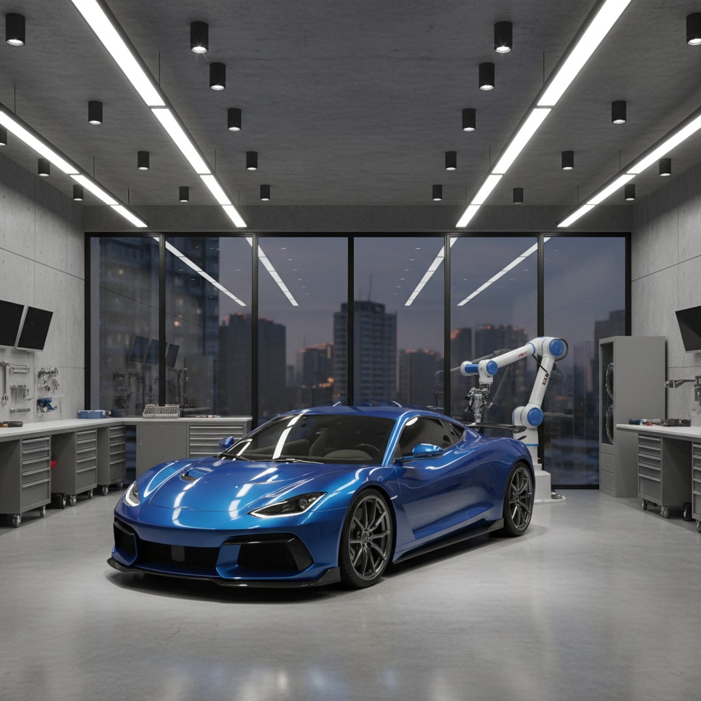 Un deportivo azul está estacionado en un taller moderno con grandes ventanales que muestran edificios al fondo y un brazo robótico al lado.